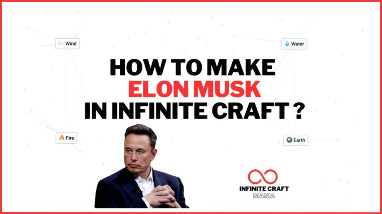 "How to Make Elon Musk in Infinite Craft?" written in bold black and red text with an image of Elon Musk below the text. Surrounding the text are elements labeled as Wind, Water, Fire, and Earth. The bottom features the Infinite Craft Mania logo.