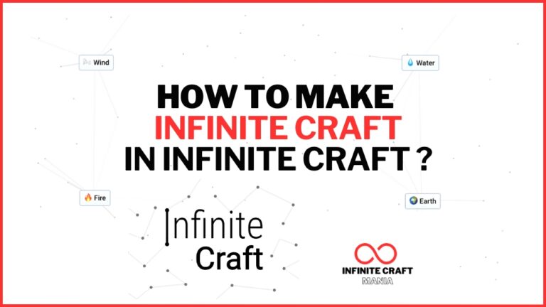 "How to Make Infinite Craft in Infinite Craft?" written in bold black and red text with an image of the Infinite Craft logo below the text. Surrounding the text are elements labeled as Wind, Water, Fire, and Earth. The bottom features the Infinite Craft Mania logo.